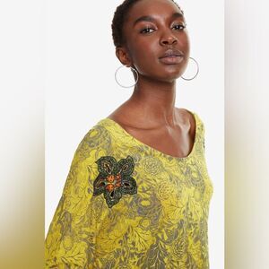 Desigual Malcom Yellow Floral Long Sleeve Top Size Large